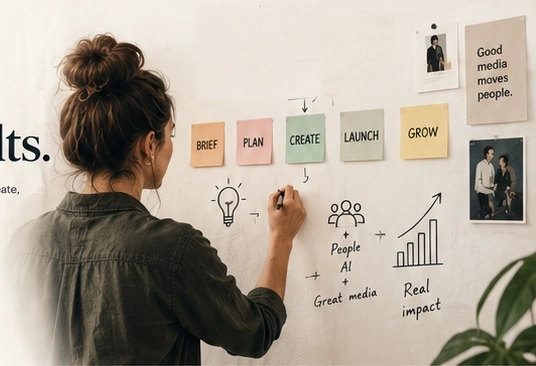 Media strategist bringing ideas together on a planning wall